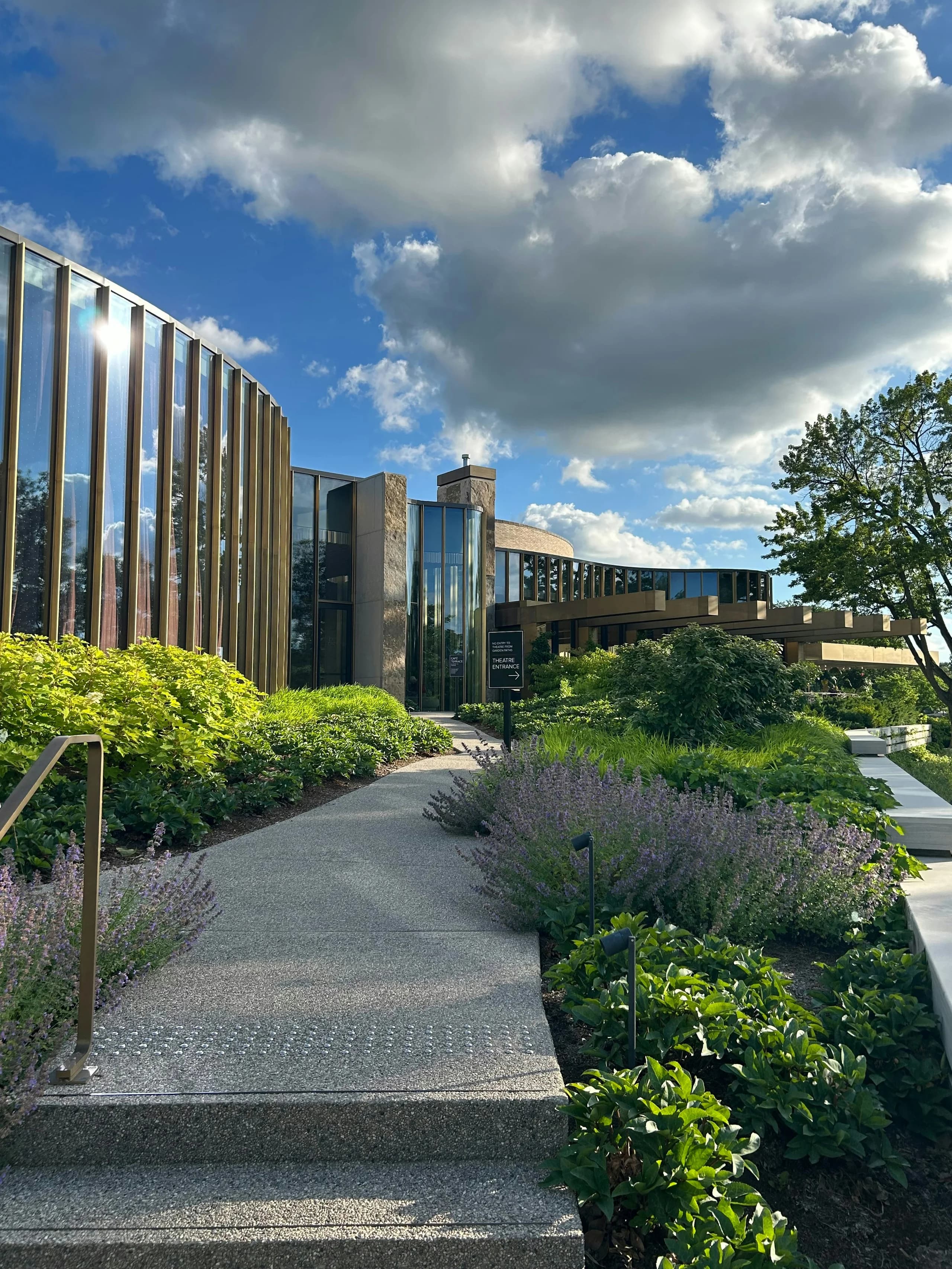 Shrubs and flowering plants lining a walkway to a glass-fronted building entrance