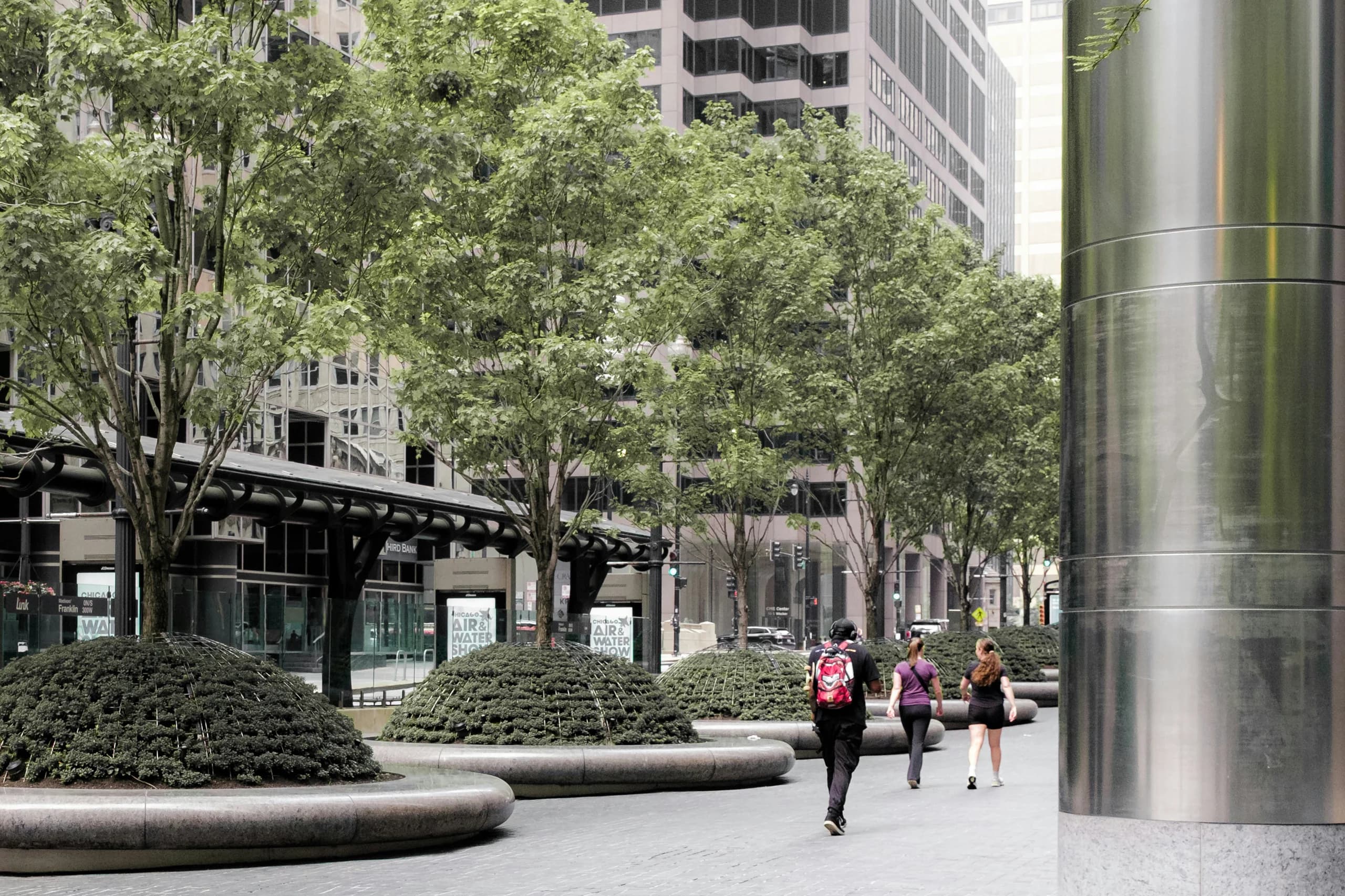 Rounded shrubs in raised planters beside a tree-lined pedestrian walkway in a city plaza