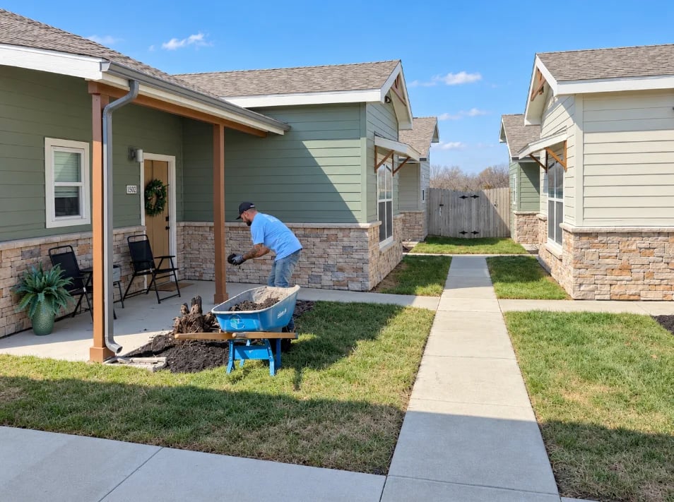 A worker with a wheelbarrow tending a planting bed beside townhomes